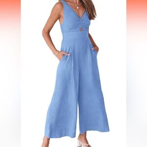 ANRABESS Women's Summer Wide Leg Linen V Neck Sleeveless Casual Pants Rompers